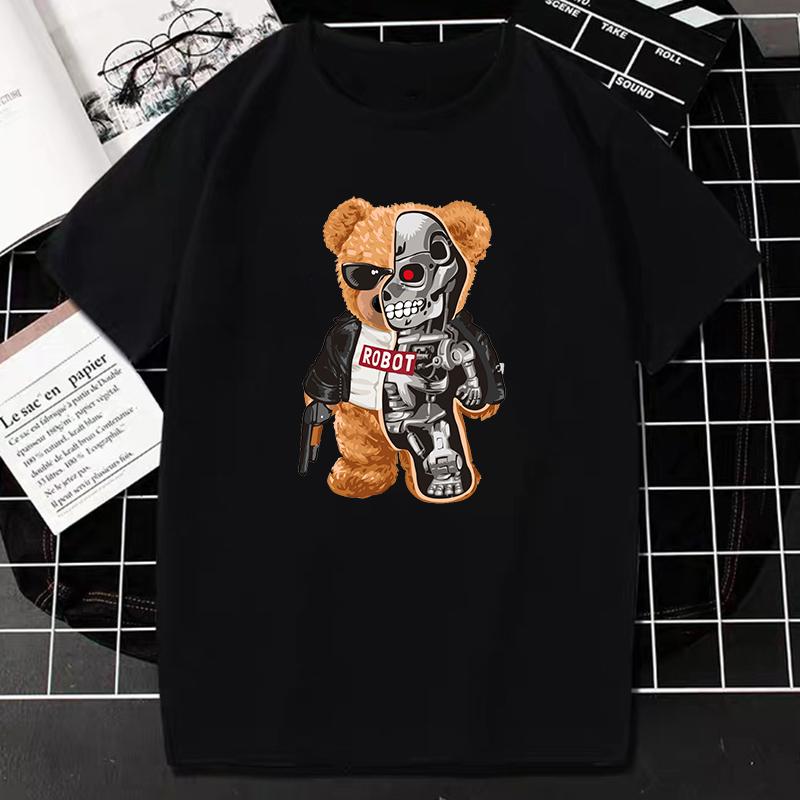 2023 Creative Teddy Robot Print Tshirt Cool Robotic Graphic Streetwear Women Men Casual Oversized Tee Hip Hop Grunge Tee Custom