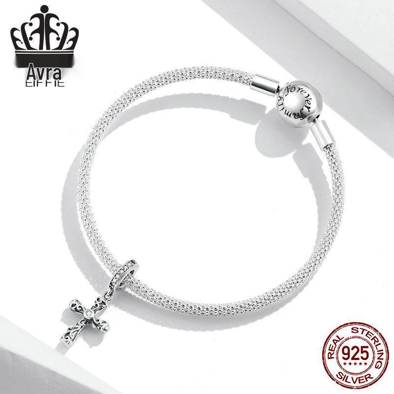 Avle S925 Sterling Silver Retro Cross Pendant Bracelet with European & American Fashion Beads