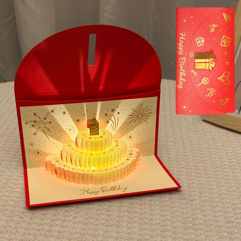 3D Pop-Up Birthday Red Envelope Greeting Card Can Hold 1-20 Cash Foldable Musical Light Greeting Card Gold Gold-stamped Cover