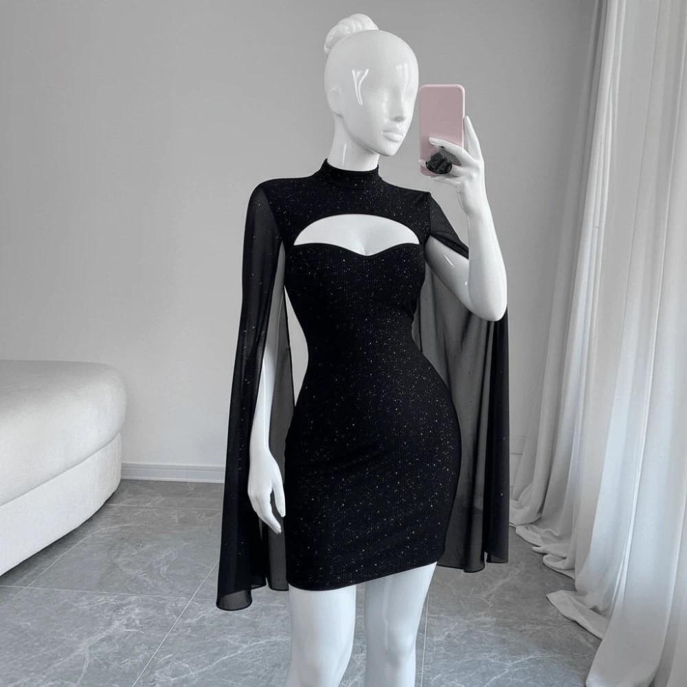 A-line Women Glitter Party Dress Sparkling Slim Evening Dress Chiffon Cape Red Dress  Ladies Girl