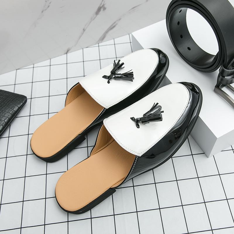 

Summer Men Fashionable Semi-towed Leather Shoes European-style One-foot Casual Lightweight Breathable Business Brand Slippers 46 черный белый