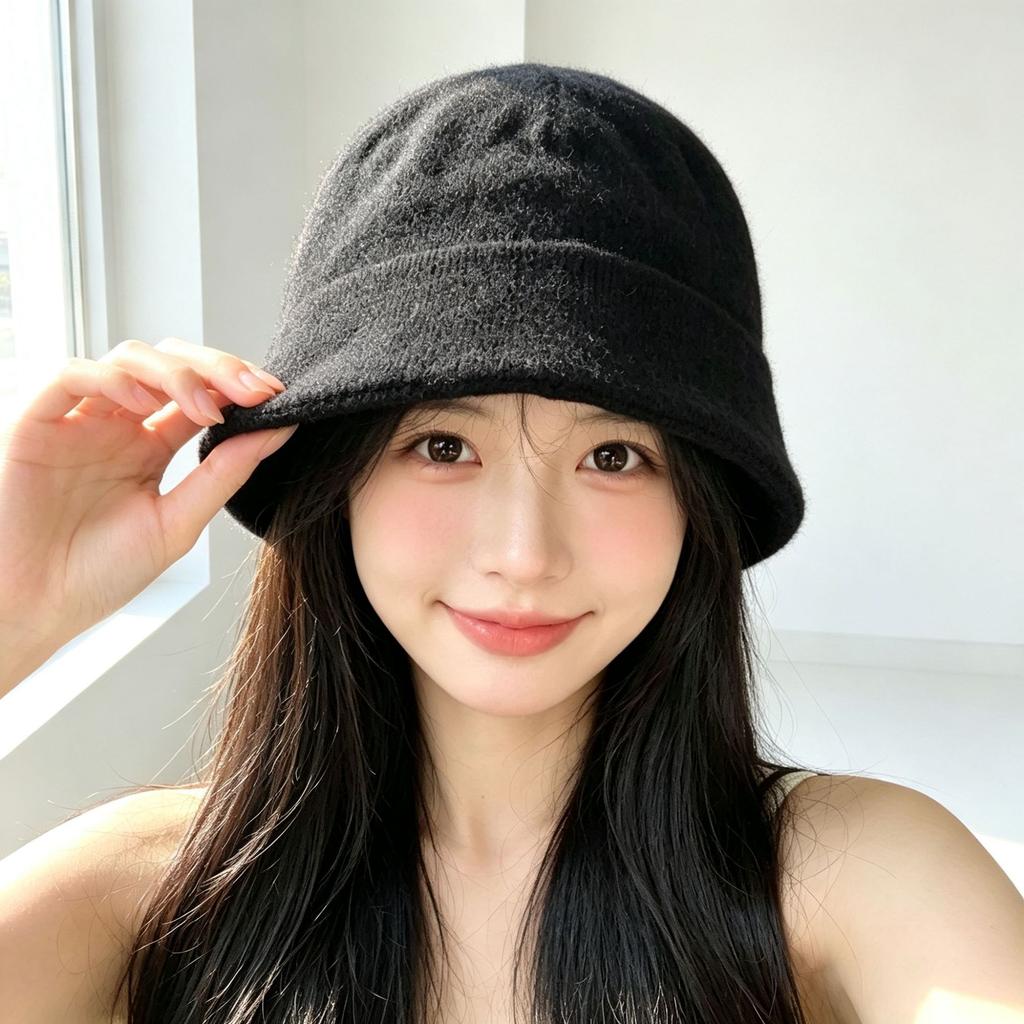 Big head circumference friendly simple solid color knitted bucket hat short brim modified face shape small autumn and winter warm wool hat
