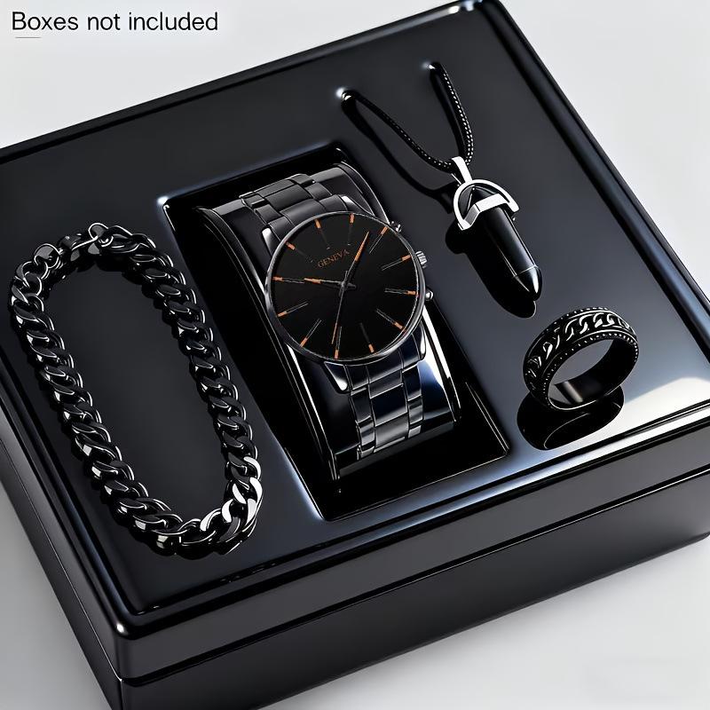 4-Piece Cuban Chain Business Fashion Men'S Steel Belt Simple Scale Quartz Watch Bullet Necklace Set