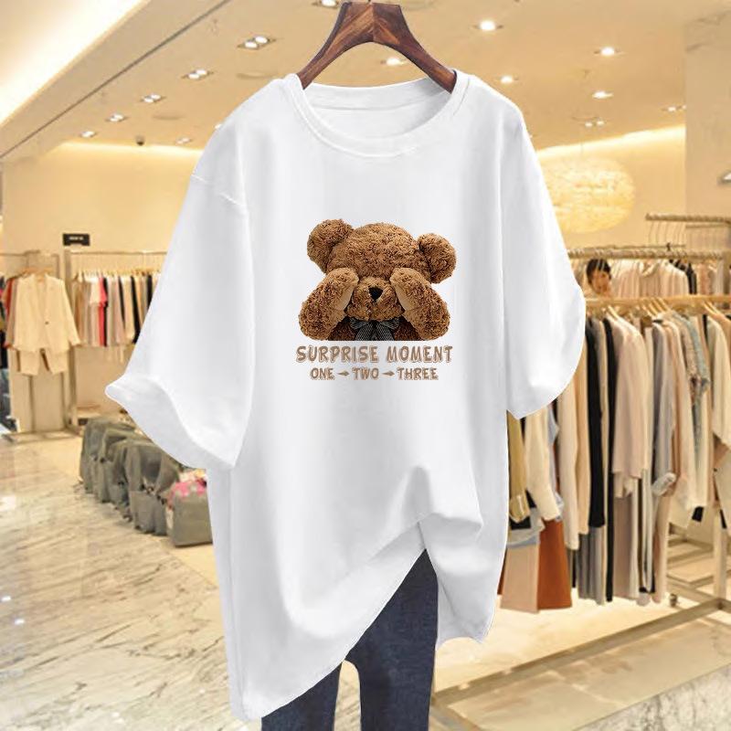 

Cotton bear print t-shirt women s short-sleeved loose and versatile top summer new S