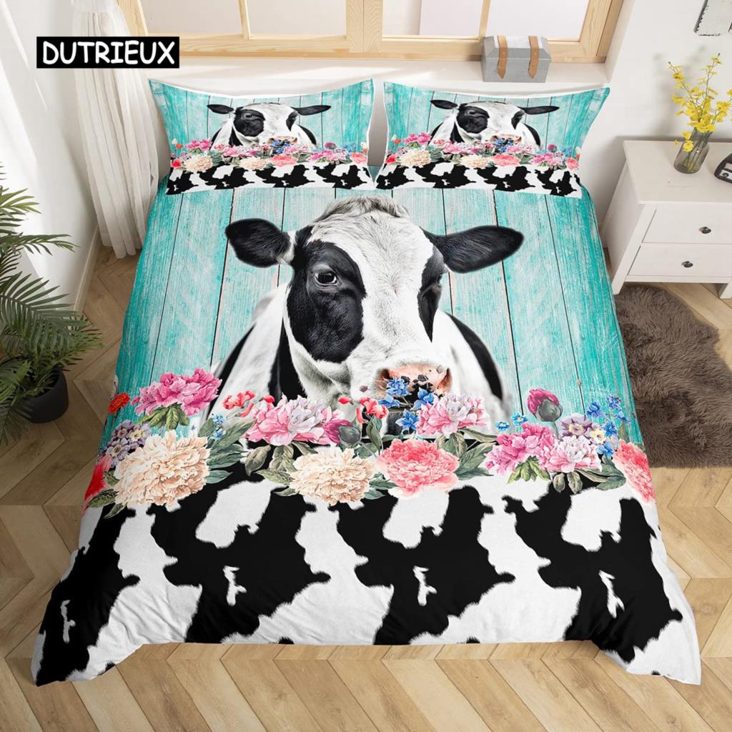 Kuh Bettbezug Set Twin King Size Bauernhoftier Bettwäsche Set Grüner Rankenblätter Druck Bettdeckenbezug Rustikale Holzbrett Steppdecke