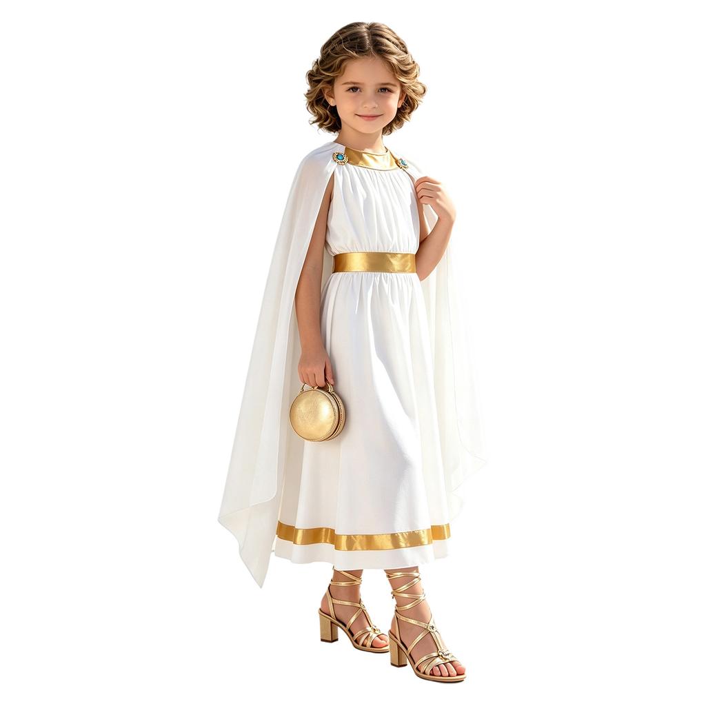 Disfraz Griego Romano para Niñas de Halloween Túnica con Chal Lateral de Contraste Cremallera Trasera Sin Mangas Vestido con Ribete Metálico para Cosplay