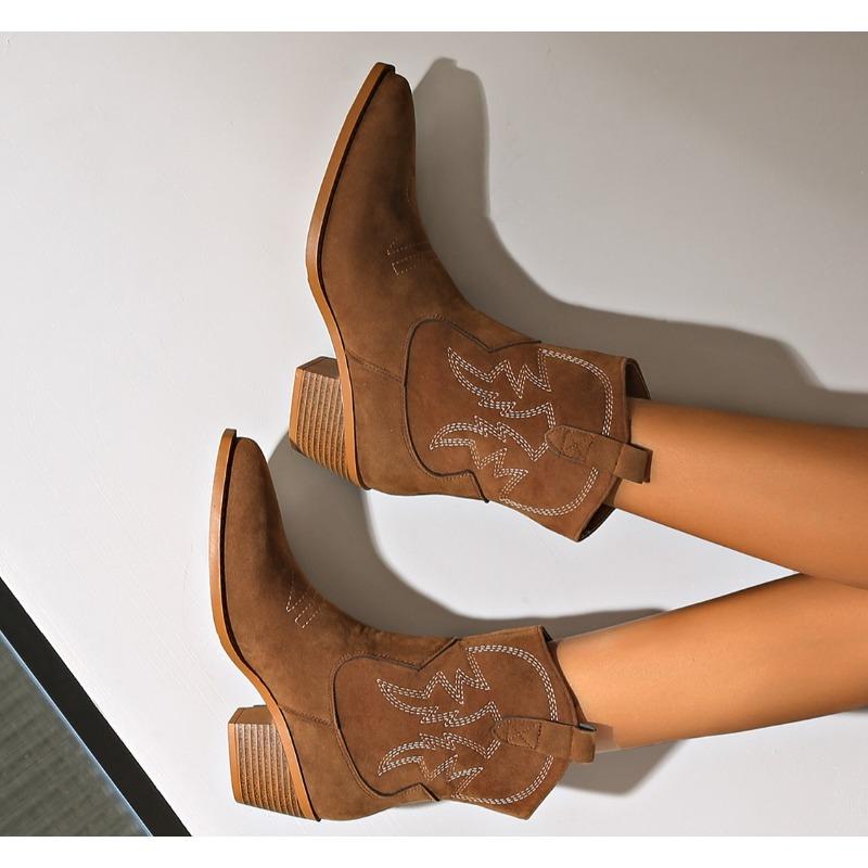 Vintage-Cowboystiefel mit quadratischem Kopf und dickem Absatz für Damen, bestickte Western-Cowboystiefel, Schuhe mit seitlichem Reißverschluss, spitze Herbststiefel