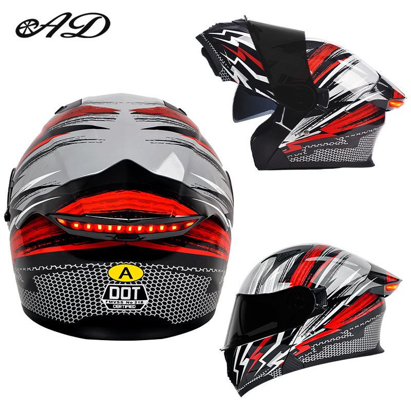 Unisex Full Face Flip-Up Motorcycle Helmet with LED Taillight, All-Season, 3C/DOT Certified