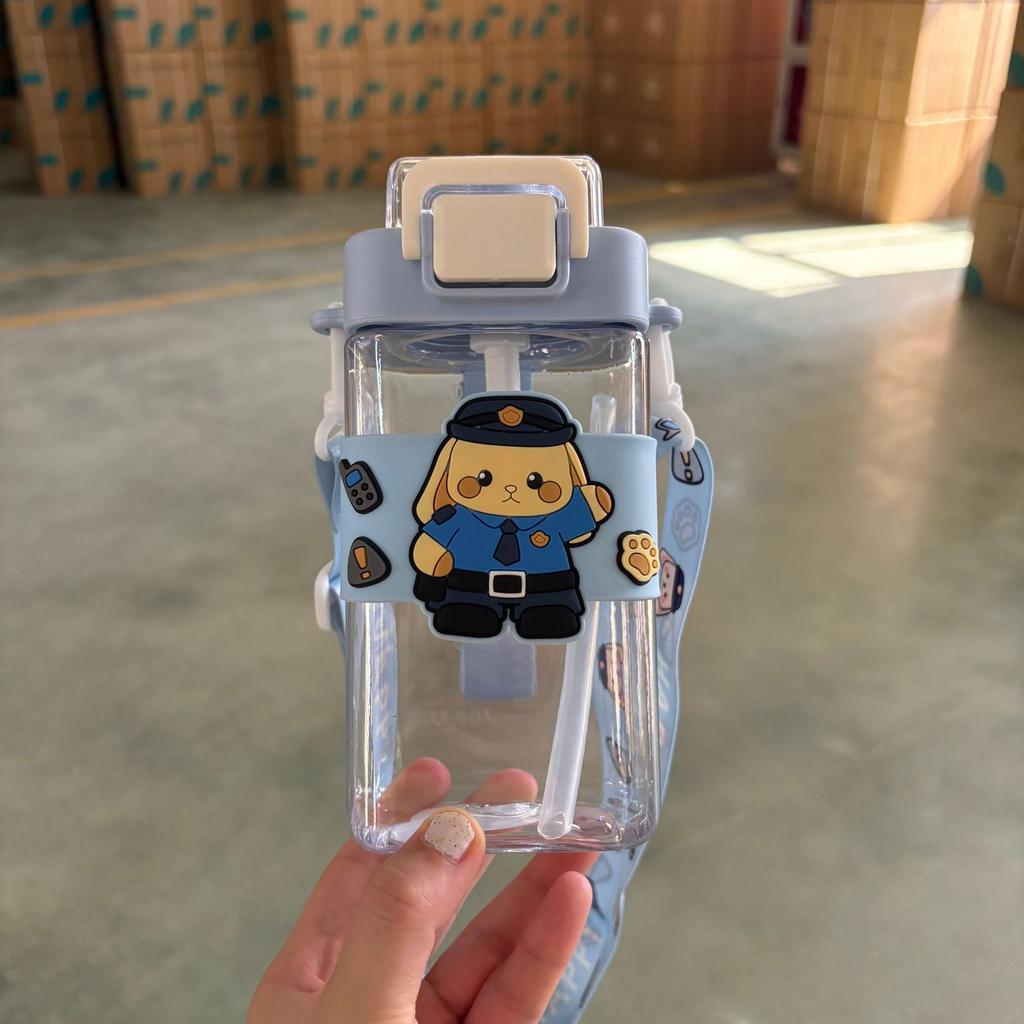 Water Bottle Straw Cup High Value Cartoon Square Cup Portable Large Capacity Student Children Drinking Cup with Strap Plastic Water Cup