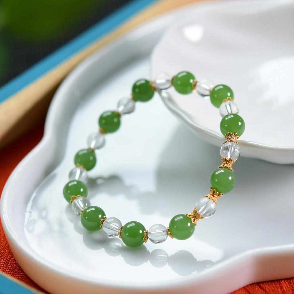 Fresh Natural Hetian Jade & White Crystal Bracelet with 925 Silver Spacers