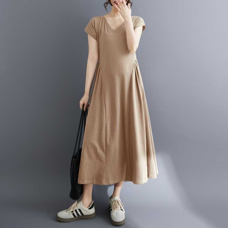 

Dress women s large-size women s clothing summer new retro large-size loose V-neck waist and thin short-sleeved long models 3XL хакі