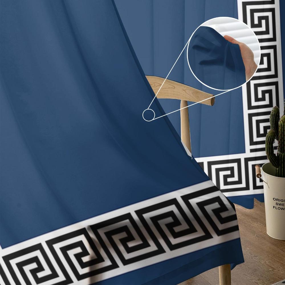 Navy Blue Simple Chinese Style Geometric Sheer Curtains for Living Room Decoration Window Curtains Kitchen Tulle Voile Curtains
