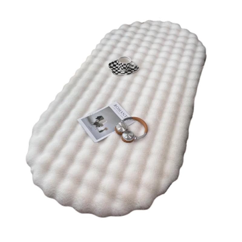 Cream Rabbit Fur Oval Rug - Thick Bubble Velvet Bedroom/Bedside Mat, Coffee Table, Sofa Cushion