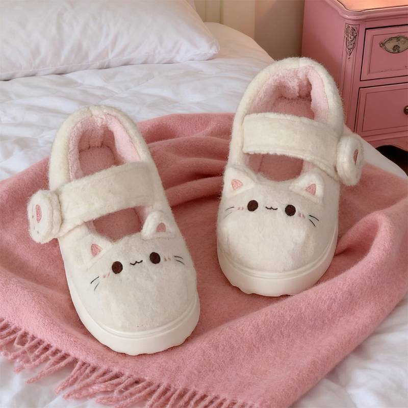New Fuzzy House Slippers Woman Sweet Furry Cat Designer Mary Janes Shoes For Women Thick Sole Home Slipper Floor Shoes Bedroom