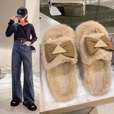 Koreanische Version von Mao Mao Hausschuhen Spot Fairy Style Schleife Plüschhausschuhe Damen Schlichter Stil Mode Wort Dicksohlige Hausschuhe