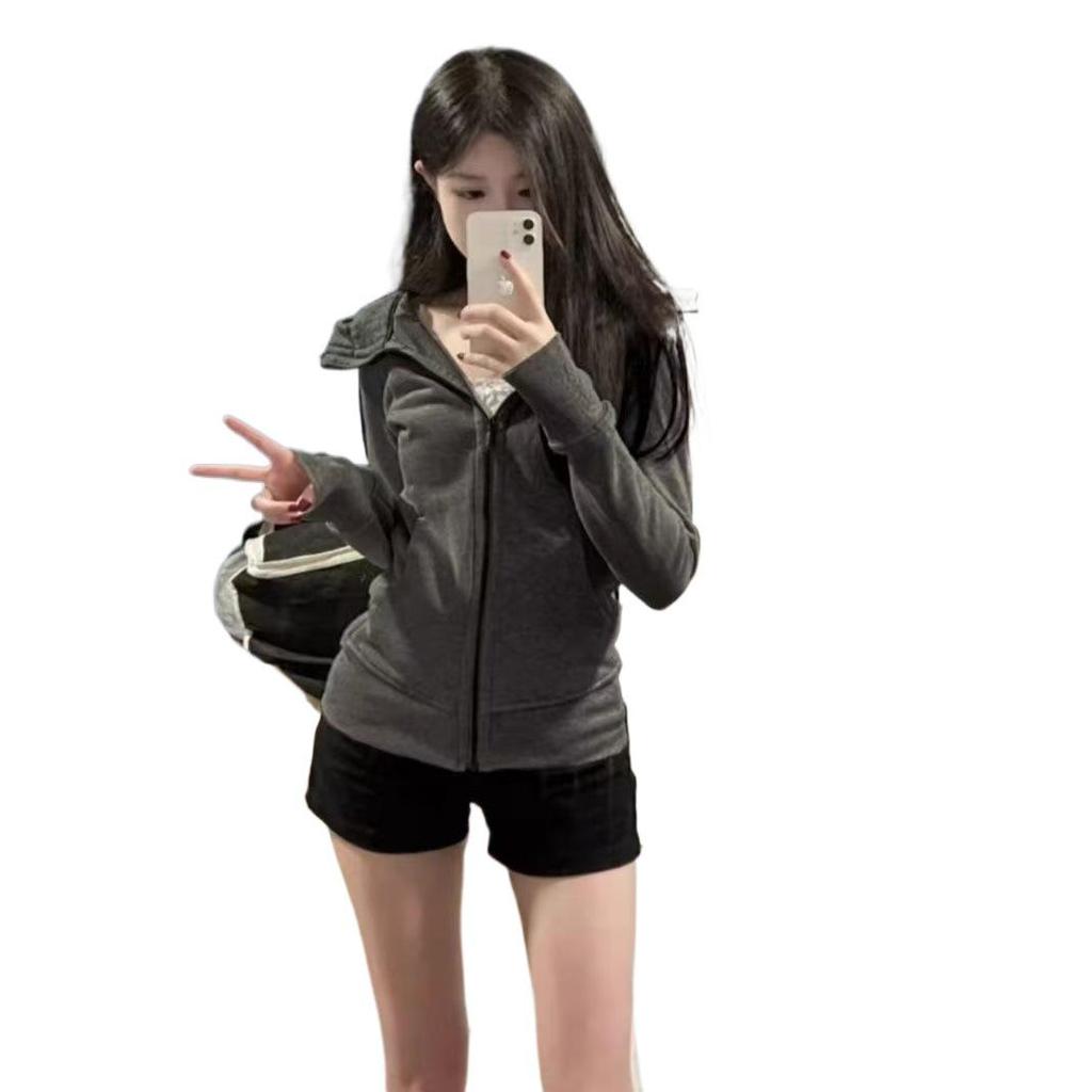 Women's Cotton Blend Fitted Zip-Up Hooded Sweatshirt - Stylish Autumn Cardigan for Yoga & Sports