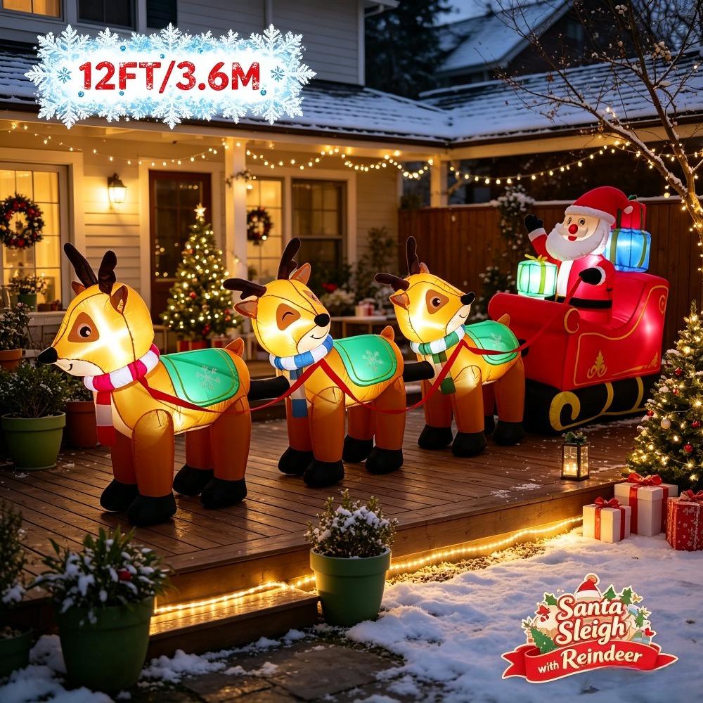12FT/3.6M Inflatable Santa Claus Sleigh with 3 Reindeer and Gift Boxes, Christmas Outdoor Yard Decor