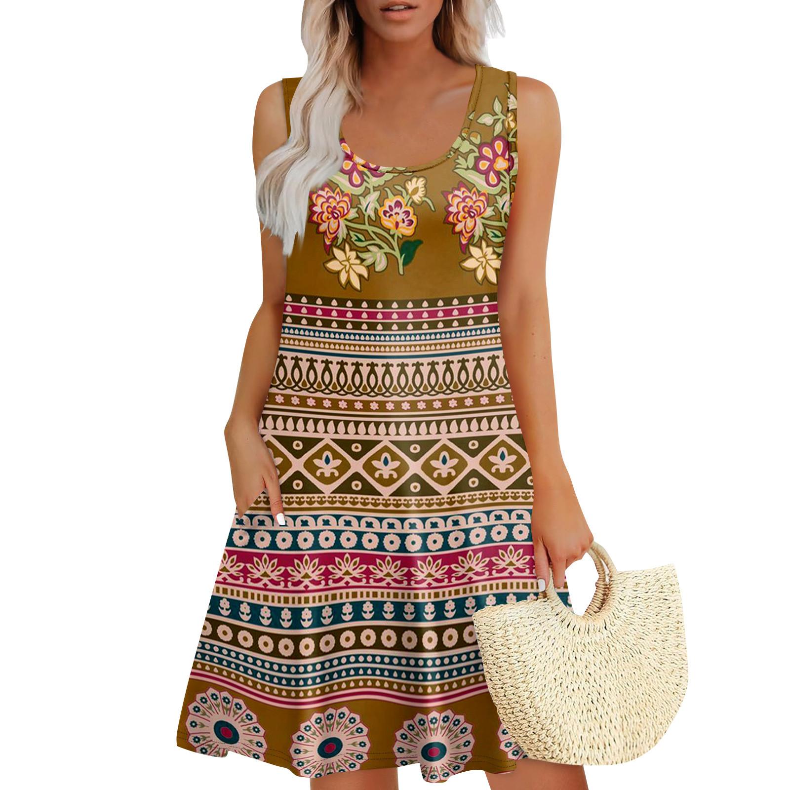 

Жіноча літня повсякденна сукня з U-подібним вирізом, зав язкою, кишенями та популярним квітковим принтом S