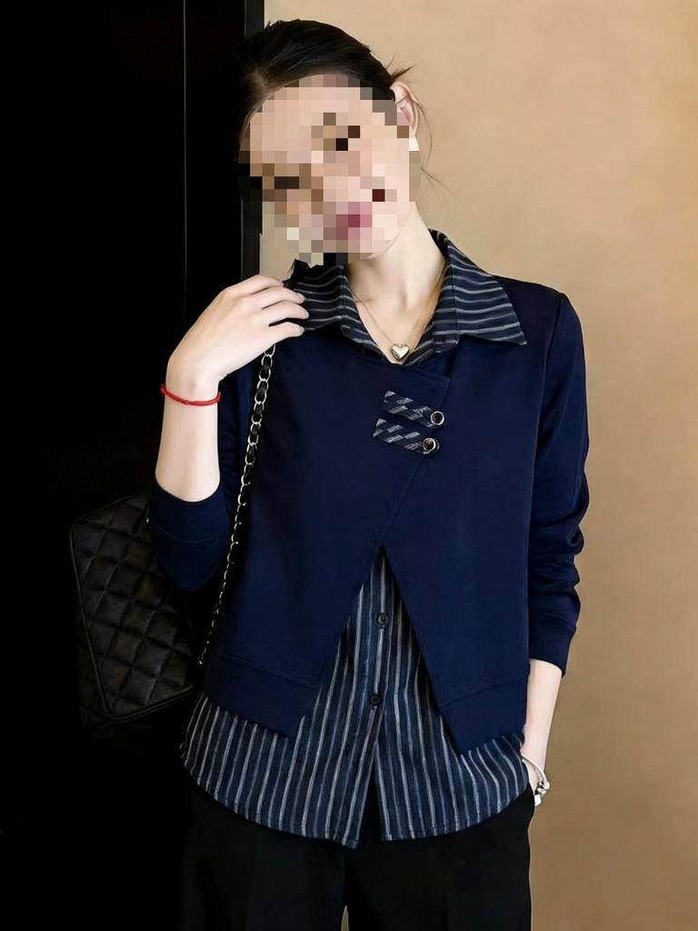 Women's Long Sleeve Striped Patchwork Shirt: Fake Two-Piece, Loose, Flaw-Covering, Slimming, Stylish, Versatile Spring Top