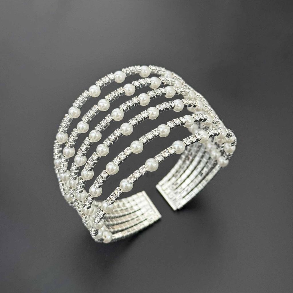 Elegant Multi-layer Pearl & Rhinestone Bangle Bracelet for Brides