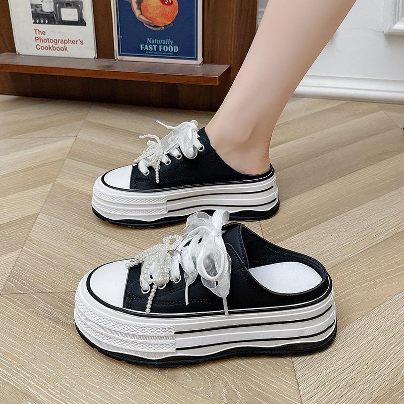Women Slippers Fashion Thick-soled Canvas Shoes Summer Baotou Half Slipper Pearl Decoration Casual Shoes for Women Canvas Slides