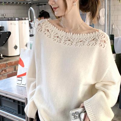 Gentle Lazy Wind Shoulder Hook Hollow Pullover Long Sleeve Sweater Women's Early Autumn Temperament Knitted Sweater Top
