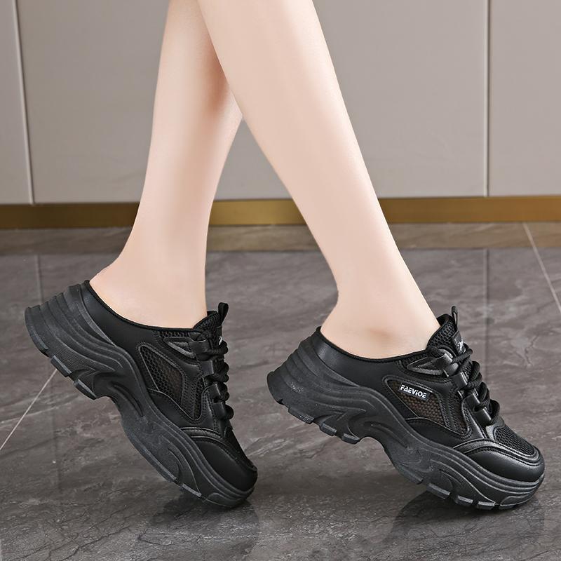 Modne damskie muły z siateczki CRLAYDK na koturnie, wsuwane sneakersy, letnie wygodne mokasyny, codzienne buty do chodzenia na wakacje bez pięty