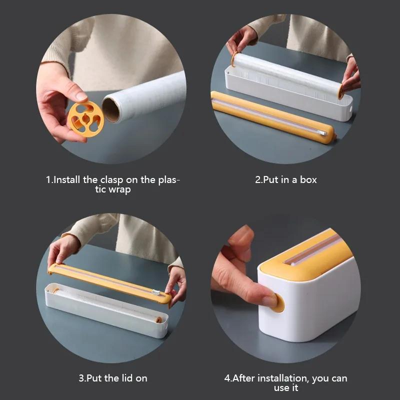 Plastic Wrap Dispenser with Slide Cutter Reusable Food Wrap Cutter Household Cling Film Cutter Refillable Cling Film Dispenser