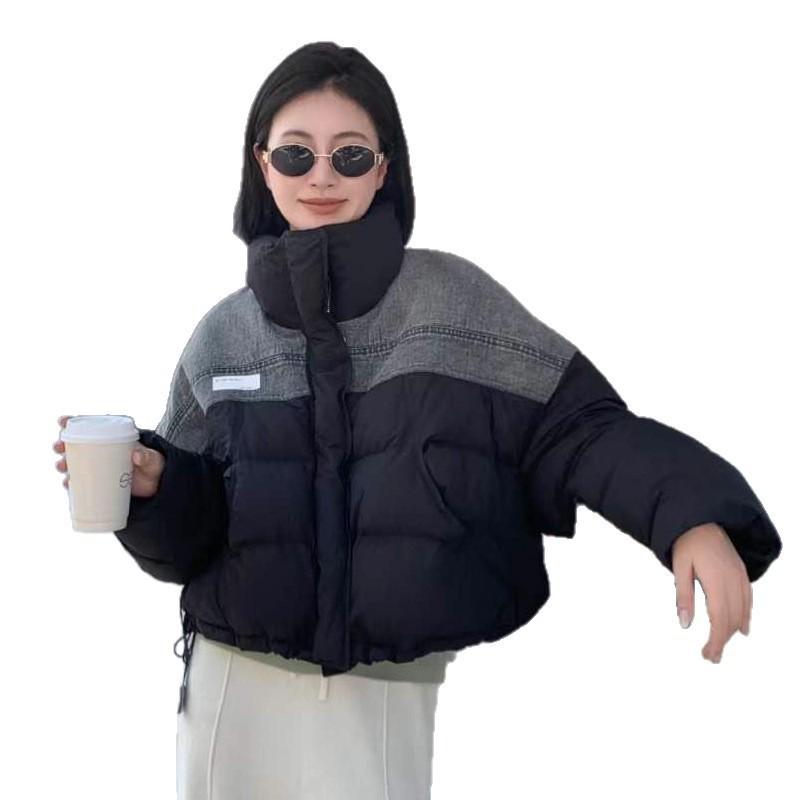 White duck down European station stand-up collar splicing denim down jacket women's winter new thickened warm jacket tide