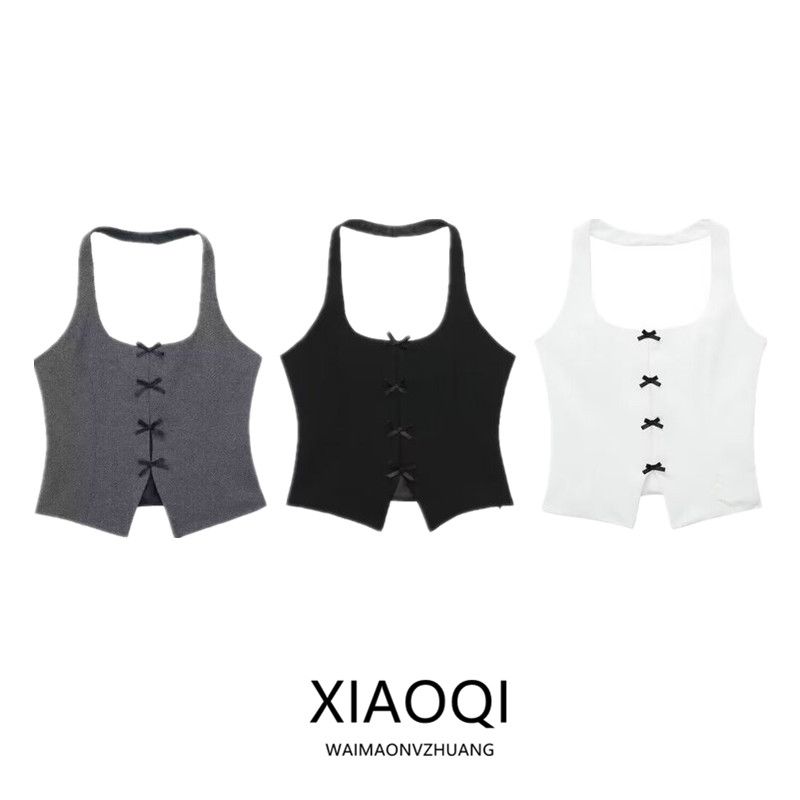 

Fashion Style Fall and Winter New Arrival Easiest for Match Bows Halter Spaghetti Straps Vest Halter Top Female 2136777 800 White XS