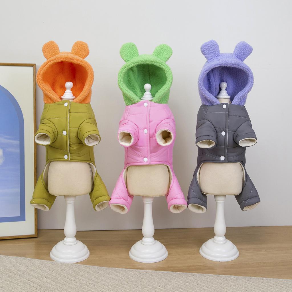 Cotton Dog Coat with Bear Ears Four Legged Winter Warm Pet Apparel for Teddy Small Breed Dogs Cold Weather Outfit