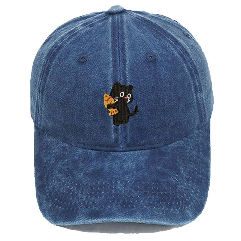Vintage Washed Black Cat Holding Pizza Embroidery Baseball Cap Unisex Adjustable Brim Dad Hat Pet Lover Casual Outdoor Sun Hat