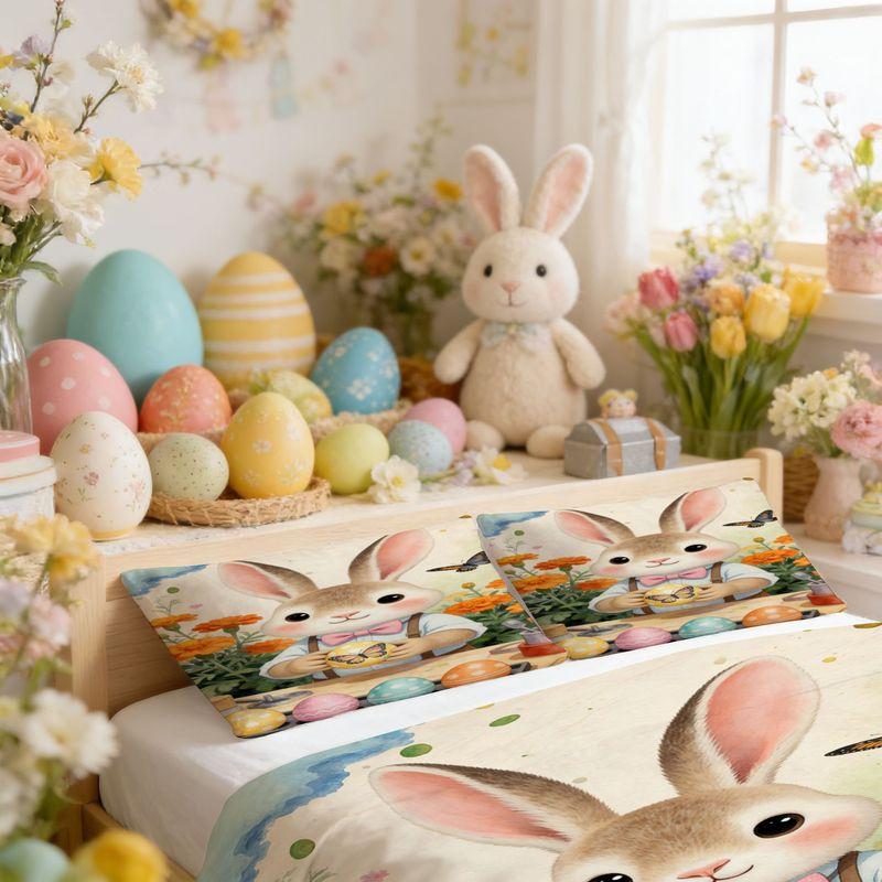 Bedding Pillowcase Quilt Cover 3-Piece Set Rabbit, Easter Egg Pattern, Easter Home Decoration