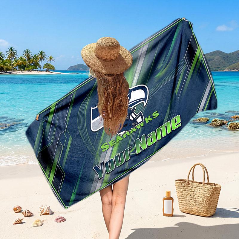 Seattle Seahawks Customized Name Text Beach Towel, Soft Absorbent Towel Beach Pool Travel Personal Gift