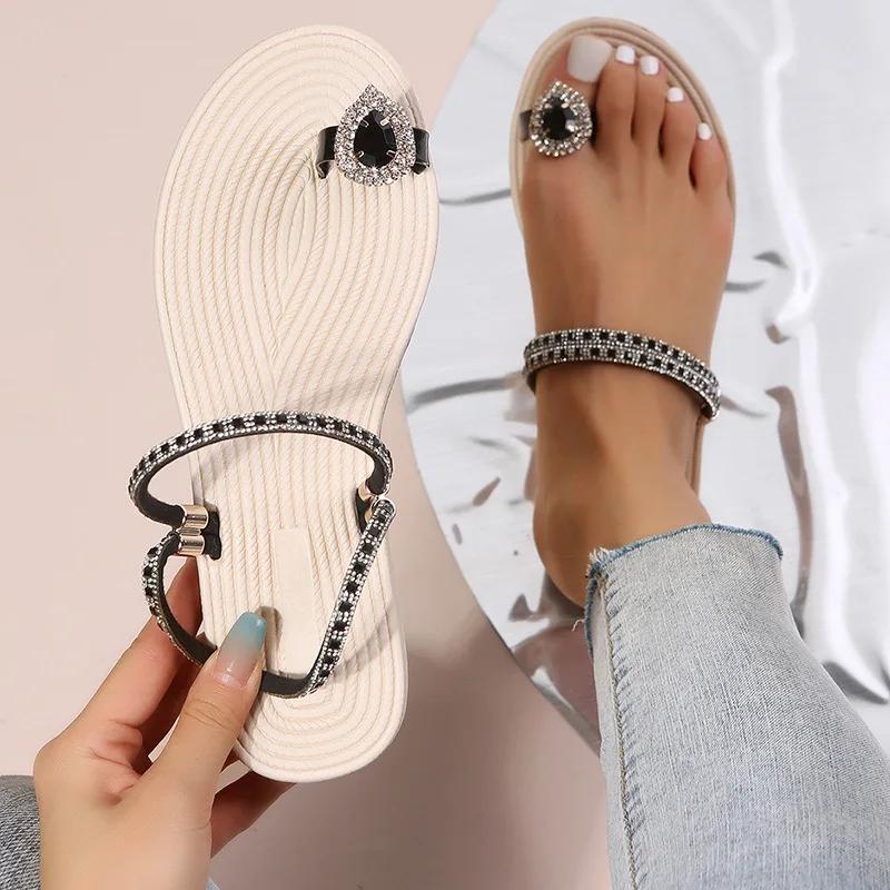 Fashion Women Summer Flat Rhinestone Flower Beach Slippers Comfy Clip Toe Lady Flat Beach Sandals Casual Female Flip Flops Zapatos Mujer
