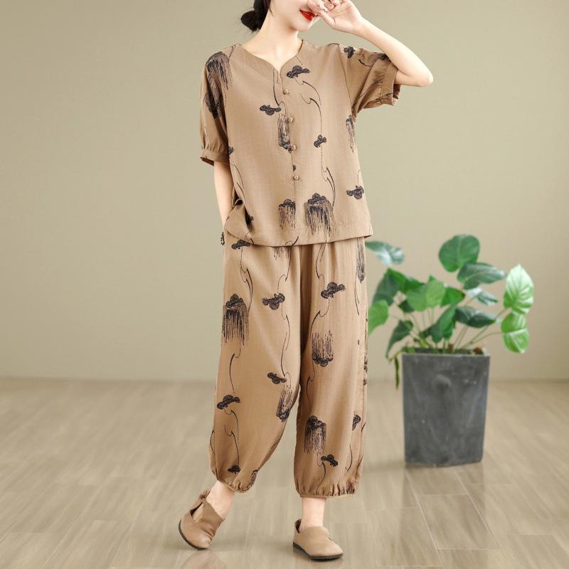 2026 Ethnic Style Tencel Linen Embroidery Women's Plus Size Summer Suit: Loose Slimming T-shirt + Pants Set