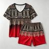Summer Fashion Bohemian Style Geometry Pattern Printed V- Neck Short Sleeved T-Shirt And Shorts Set Women's and Men's T-shirt Shorts Set