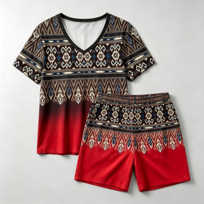 Summer Fashion Bohemian Style Geometry Pattern Printed V- Neck Short Sleeved T-Shirt And Shorts Set Women's and Men's T-shirt Shorts Set