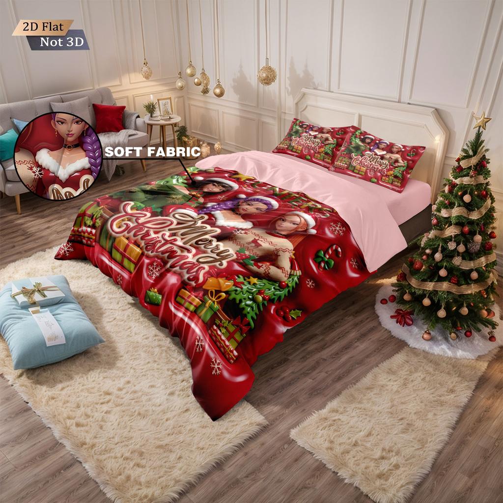3pcs Christmas imitation relief K-Pop Demon Hunters printed coreless down comforter set multi size bedroom bedding decoration
