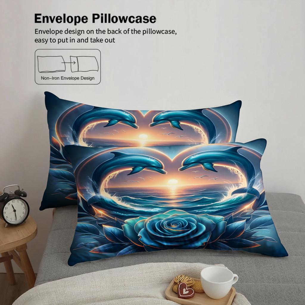 Dolphin Rose Bedding Set Blue Ocean Sunset Heart Pattern Bedding With Duvet Cover And Pillowcases For Bedroom