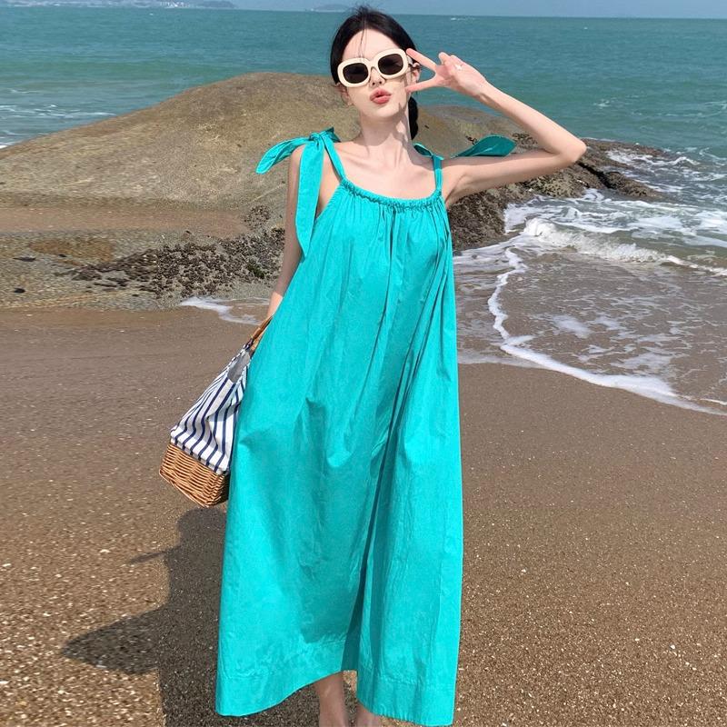 

Летнее зеленое приталенное платье-комбинация на завязках для женщин - Морской отдых S Premium синий