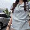 Korean Blue Striped Front Shoulder Short-sleeved T-shirt Women's Summer Slim and Thin Design Top Henry Collar Three-button Fine Stripe T-shirt