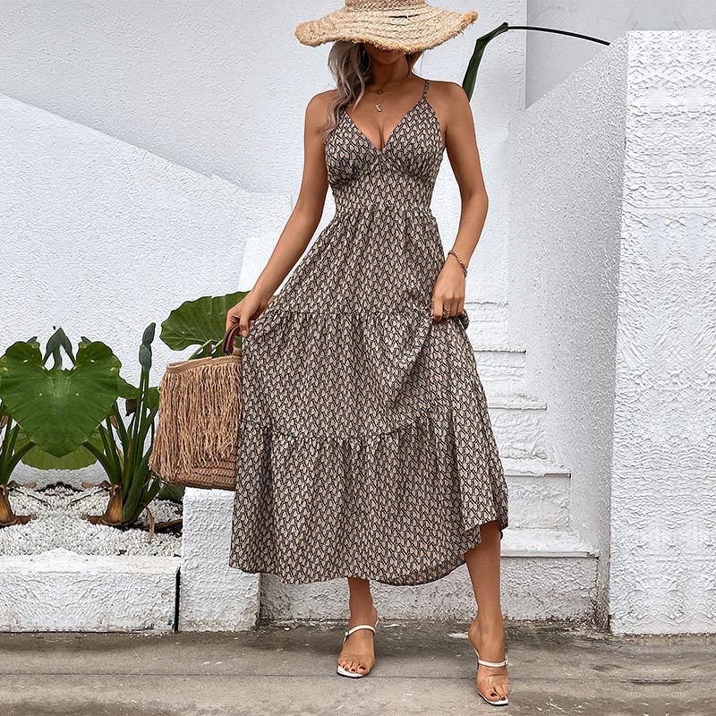 Independent Station Summer Leisure Vacation Popular Fashion European and American Geometric Printing Suspender Dress Women