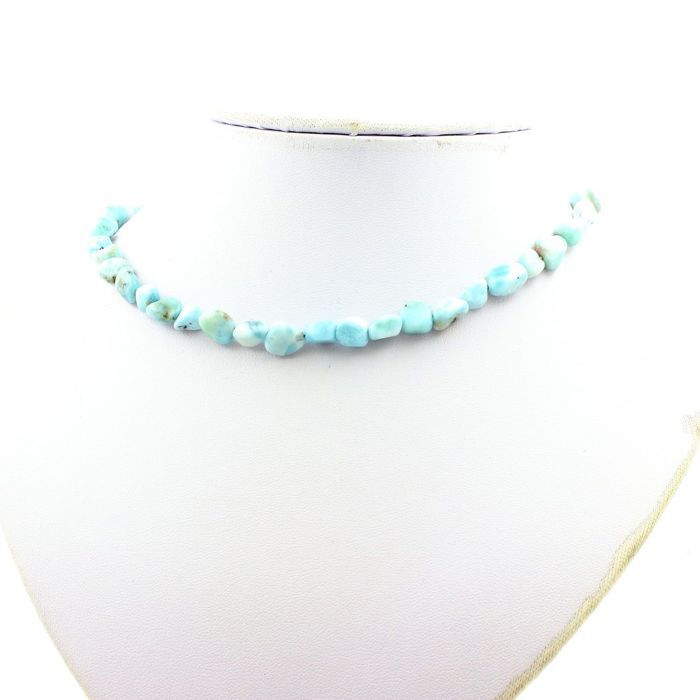 Stones and Minerals. Dominican Republic Larimar Pearl Necklace Stainless Steel Chain.
