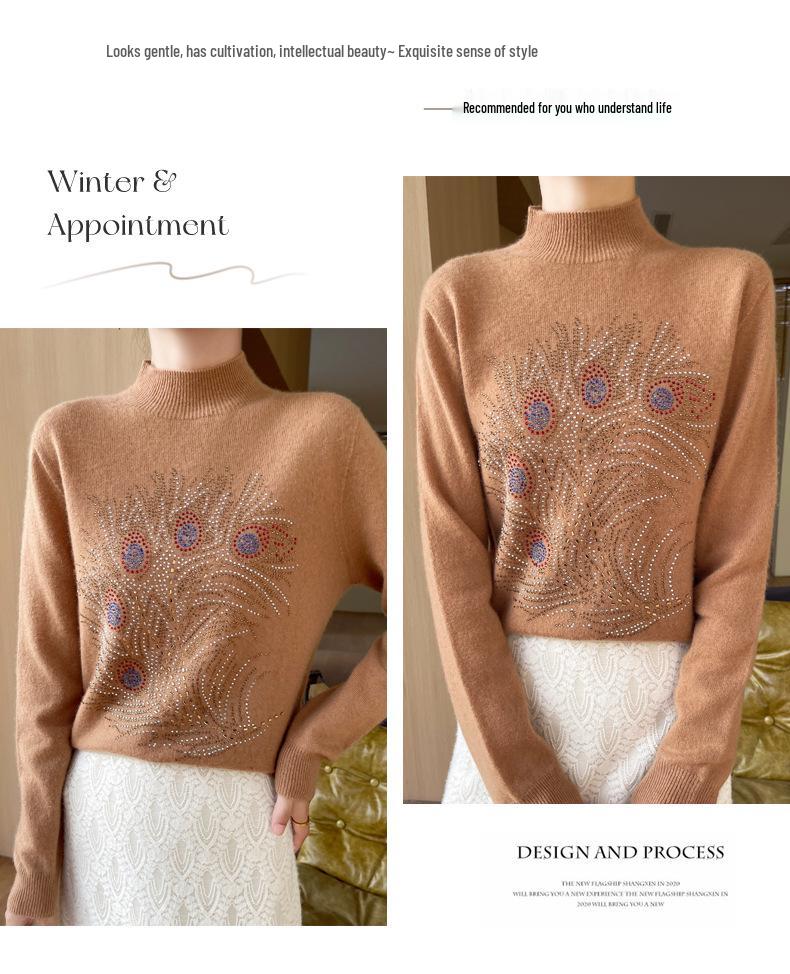 Peacock Tail Rhinestone Half-High Neck Knitwear for Women, Versatile Slim-Fit Autumn/Winter Sweater Top