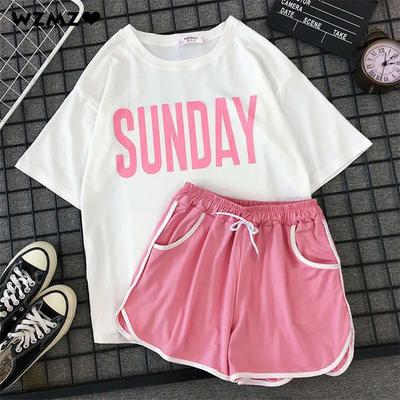 Girls Casual Pijama Two Piece Fashion Print Short Set Pajamas Sweet Short Sleeve Women's T-shirt & Drawstring Shorts