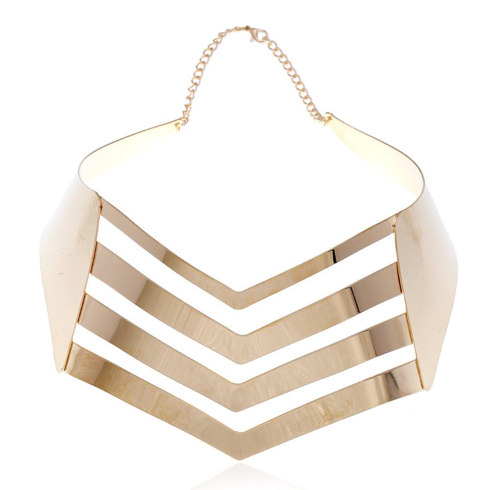 Solid Fashionable Color V Shaped Hollow Design Women Metal Collar Necklace