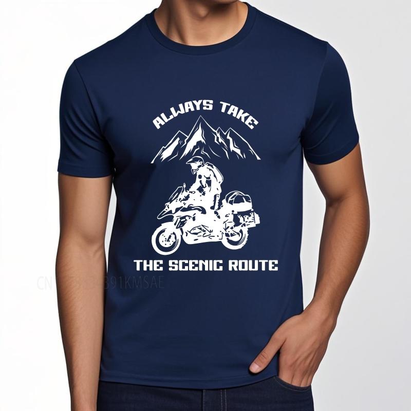 unisex summer For him t shirt Always Take The Scenic Route Motorcycle Mountains Short Sleeve Relaxed Fit Oneck Teeshirt 3XL