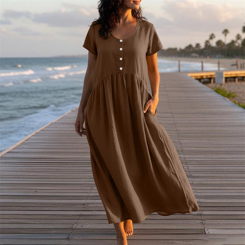 Women's U-Neck Button Front Short Sleeve Linen Maxi Dress Solid Color Casual Summer