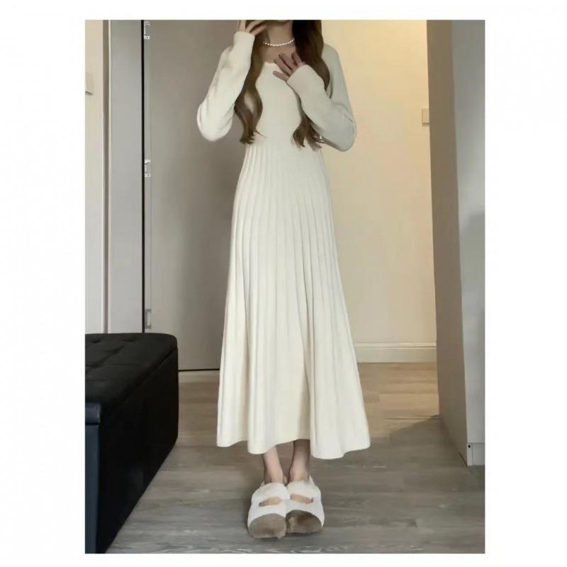 New autumn and winter women's knitted sweater long-sleeved with coat and bottom long dress dress